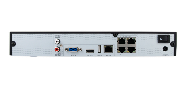 Face arrière avec switch PoE 4 ports et connectique HDMI jusqu'à 4K